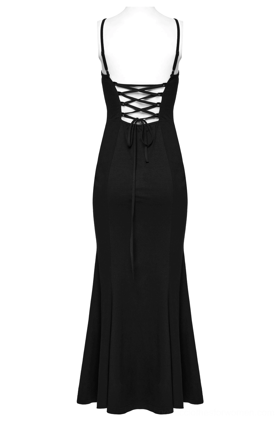 Back view of black gothic dress on mannequin featuring extended lace-up corset back and long fishtail hem