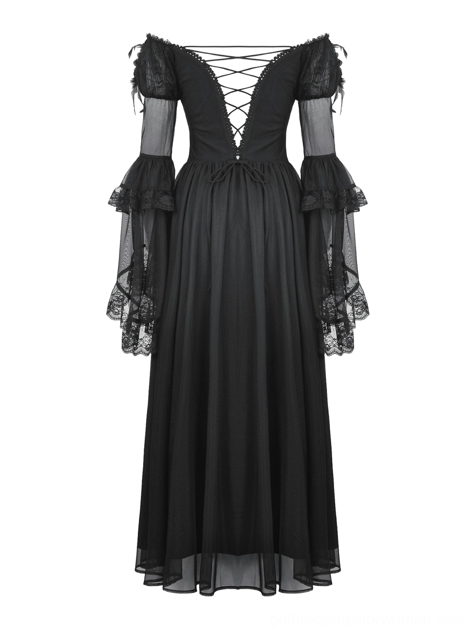 Gothic black dress back view flat lay showcasing crisscross lace-up corset back, ruffled shoulder trim, and feather accents