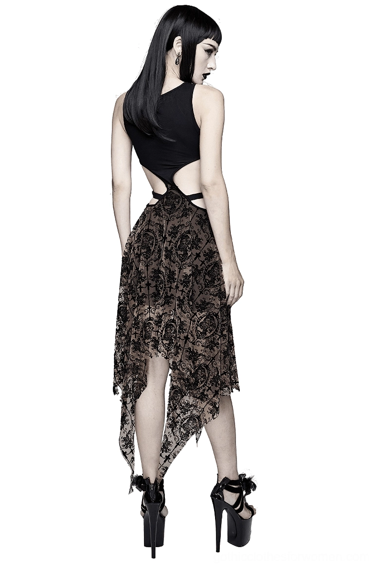 Black asymmetrical gothic dress back view showing open-back cutout design and handkerchief hemline