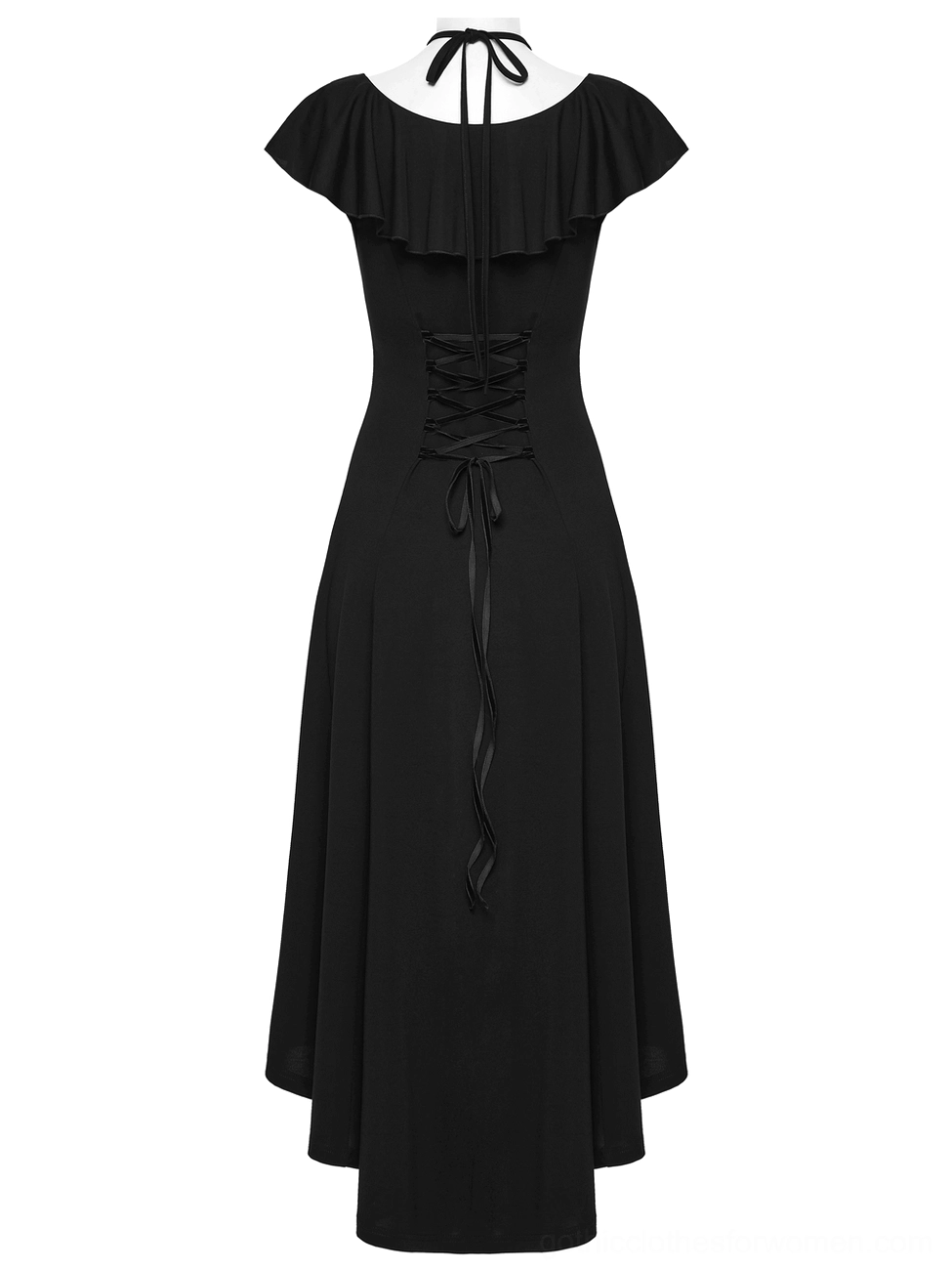 Black gothic dress back view highlighting ruffle cape shoulder detail and lace-up construction