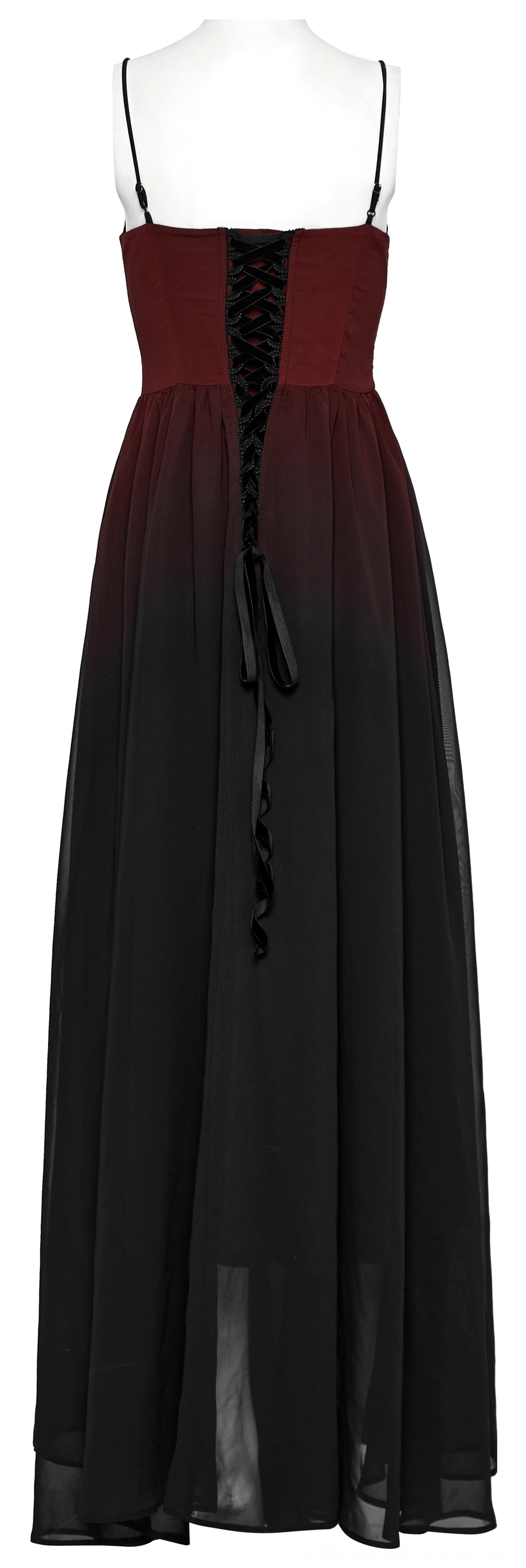 Rear view of gothic dress form showing velvet ribbon corset lace-up and high-waisted silhouette