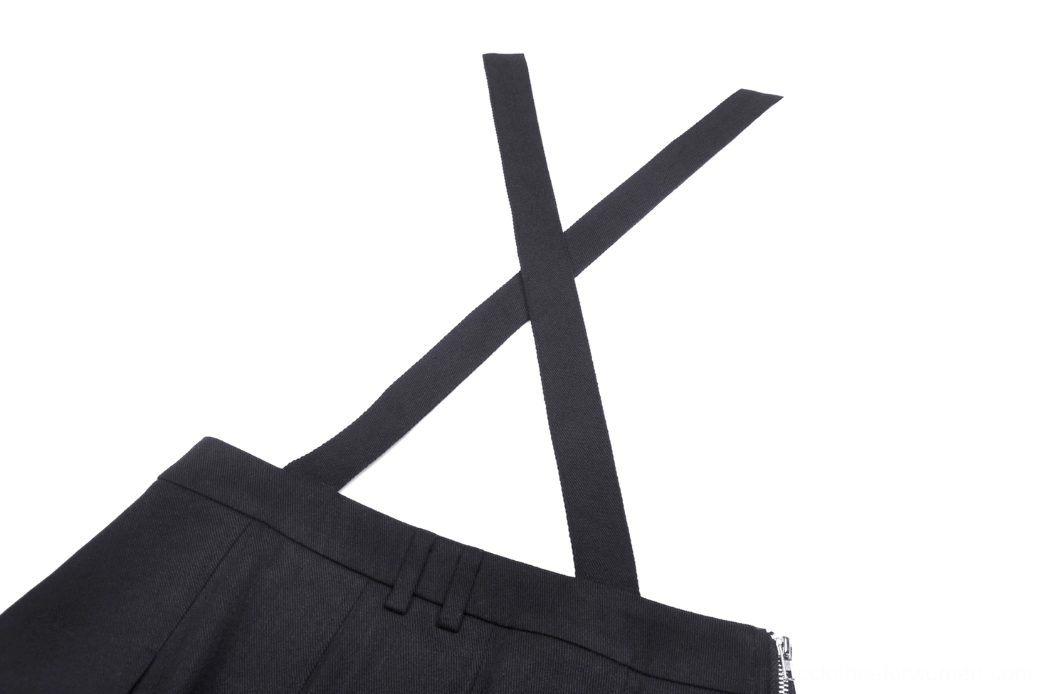 Back waist and strap detail of gothic pleated dress showing crisscross design and belt loop construction