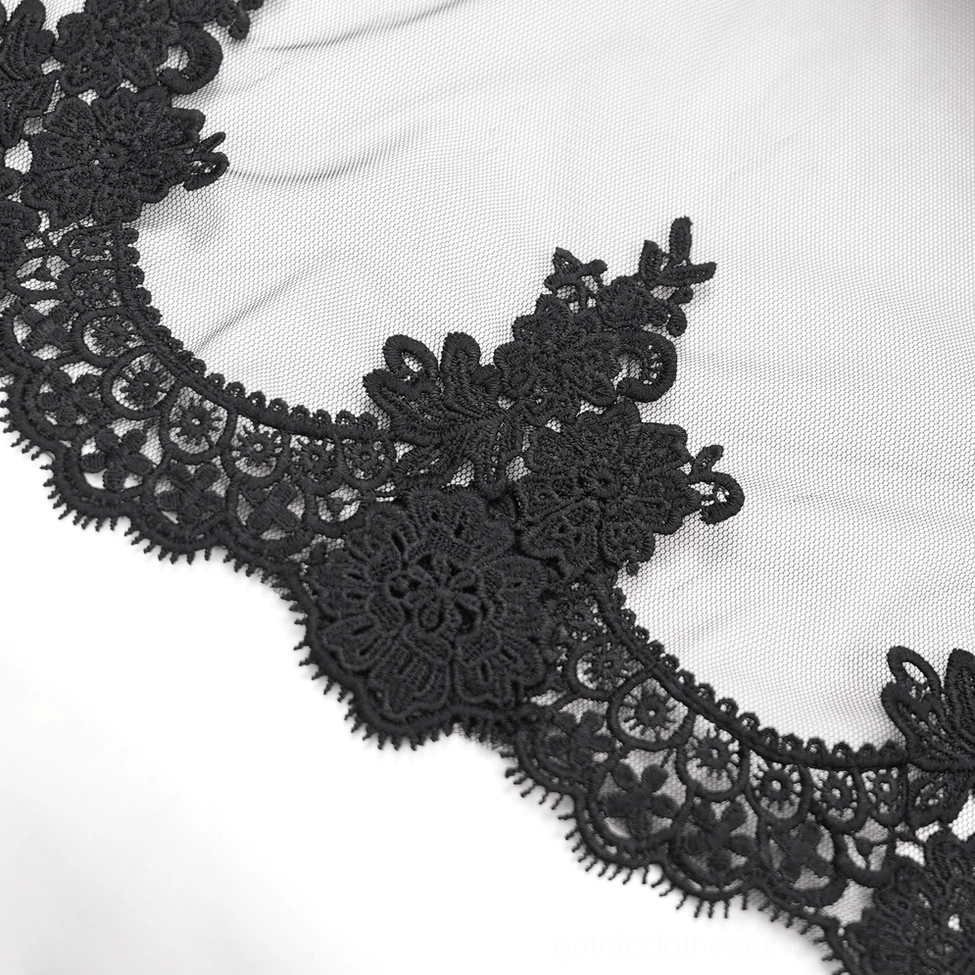 Bell sleeve close-up of black gothic dress showing flowing fabric, lace detailing, and dramatic drape characteristic of gothic fashion