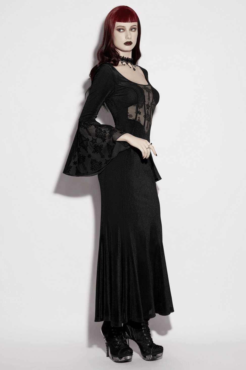 Black gothic fishtail maxi dress detail showing bell sleeve flare and mesh texture with segmented design