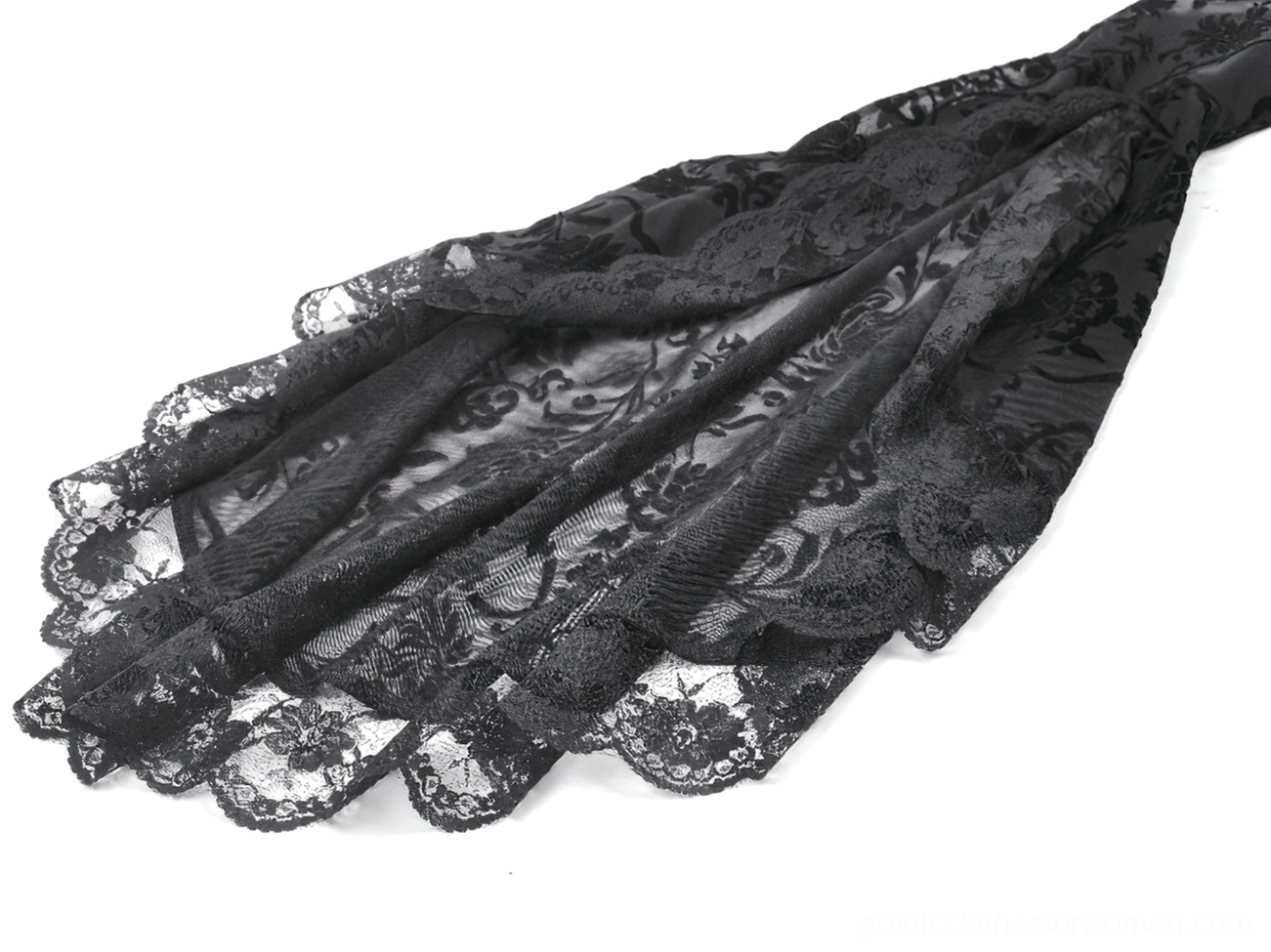 Black cold shoulder gothic maxi dress showing bell sleeve and lace overlay detail view