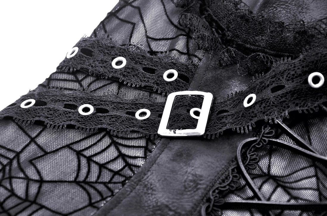 Close-up detail of gothic dress belt and bodice showing metal buckle, spiderweb lace pattern, and metal eyelets