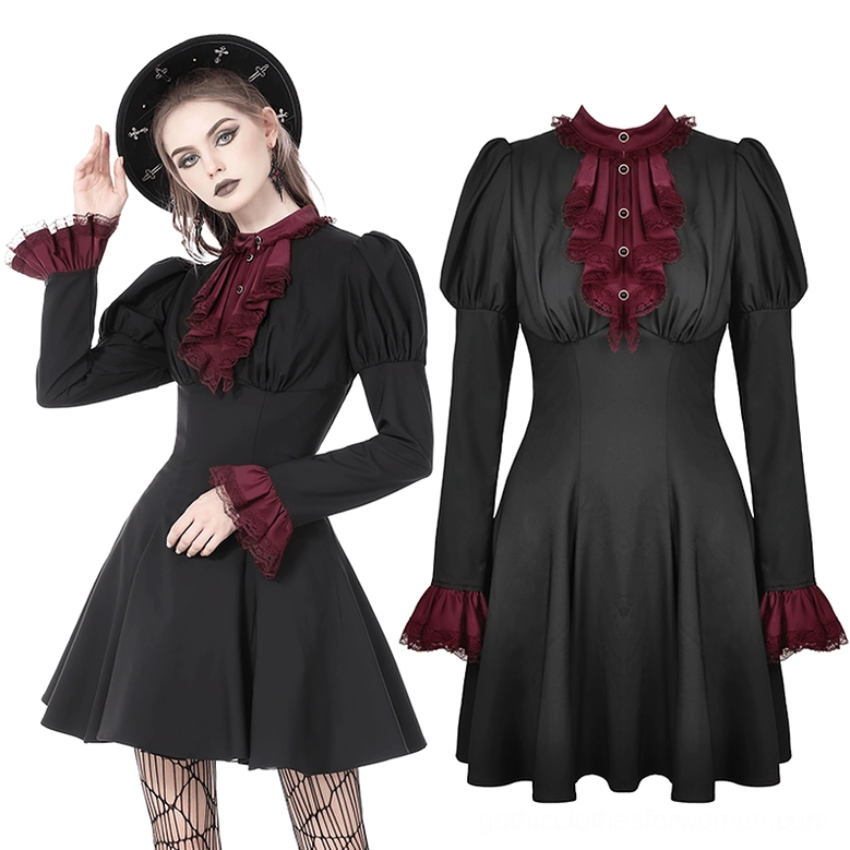 Black gothic mini dress with burgundy lace trim, flat lay and model styling comparison