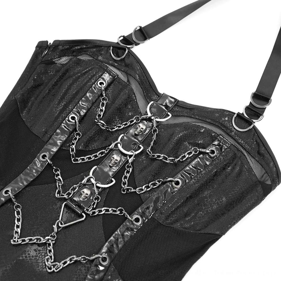 Close-up of black gothic dress bodice featuring skull chain hardware and detailed mesh fabric texture