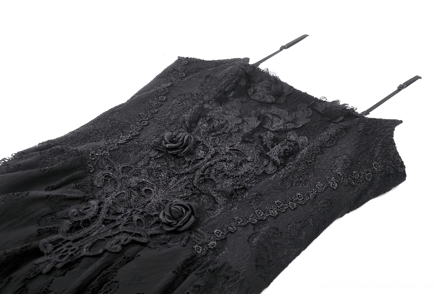 Close-up detail of black lace bodice with 3D rose appliqués and spaghetti strap construction