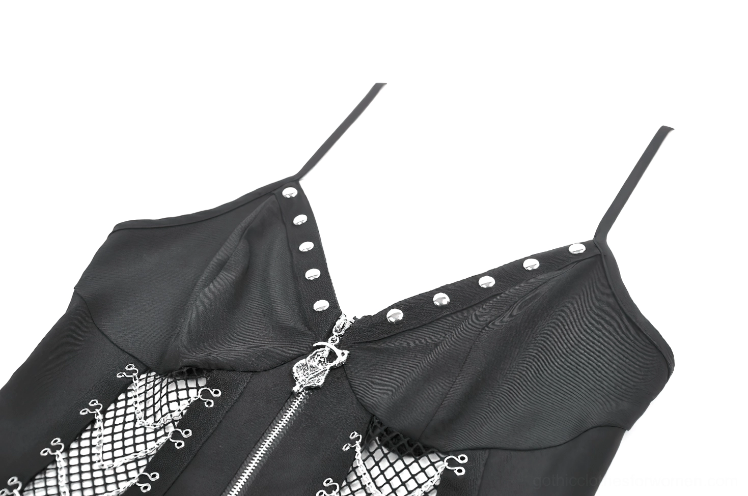 Close-up detail of black gothic dress bodice featuring metal studs, front zipper fastener, and fishnet chain trim on dark background