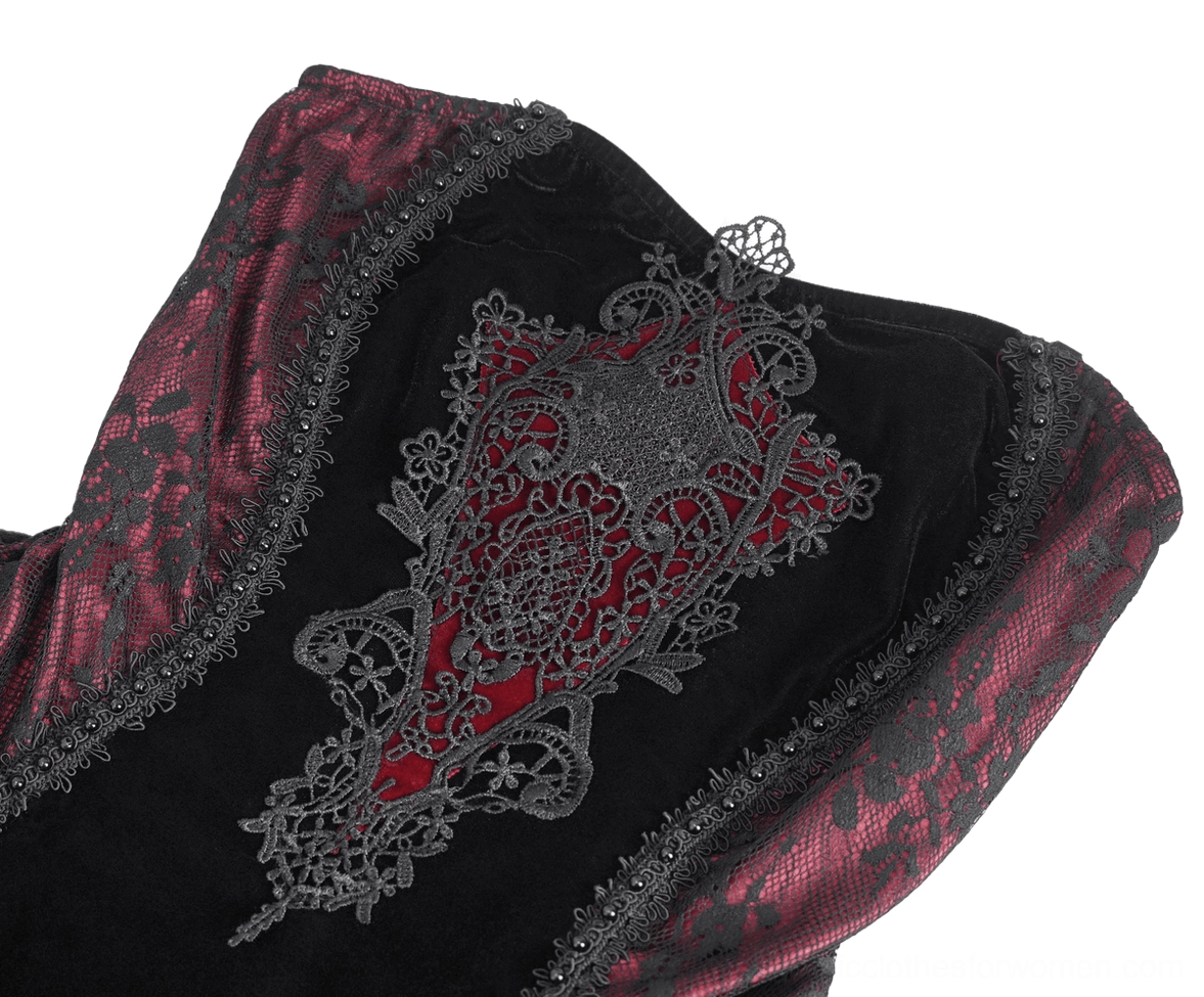 Close-up of black lace embroidery bodice applique on velvet gothic mermaid dress