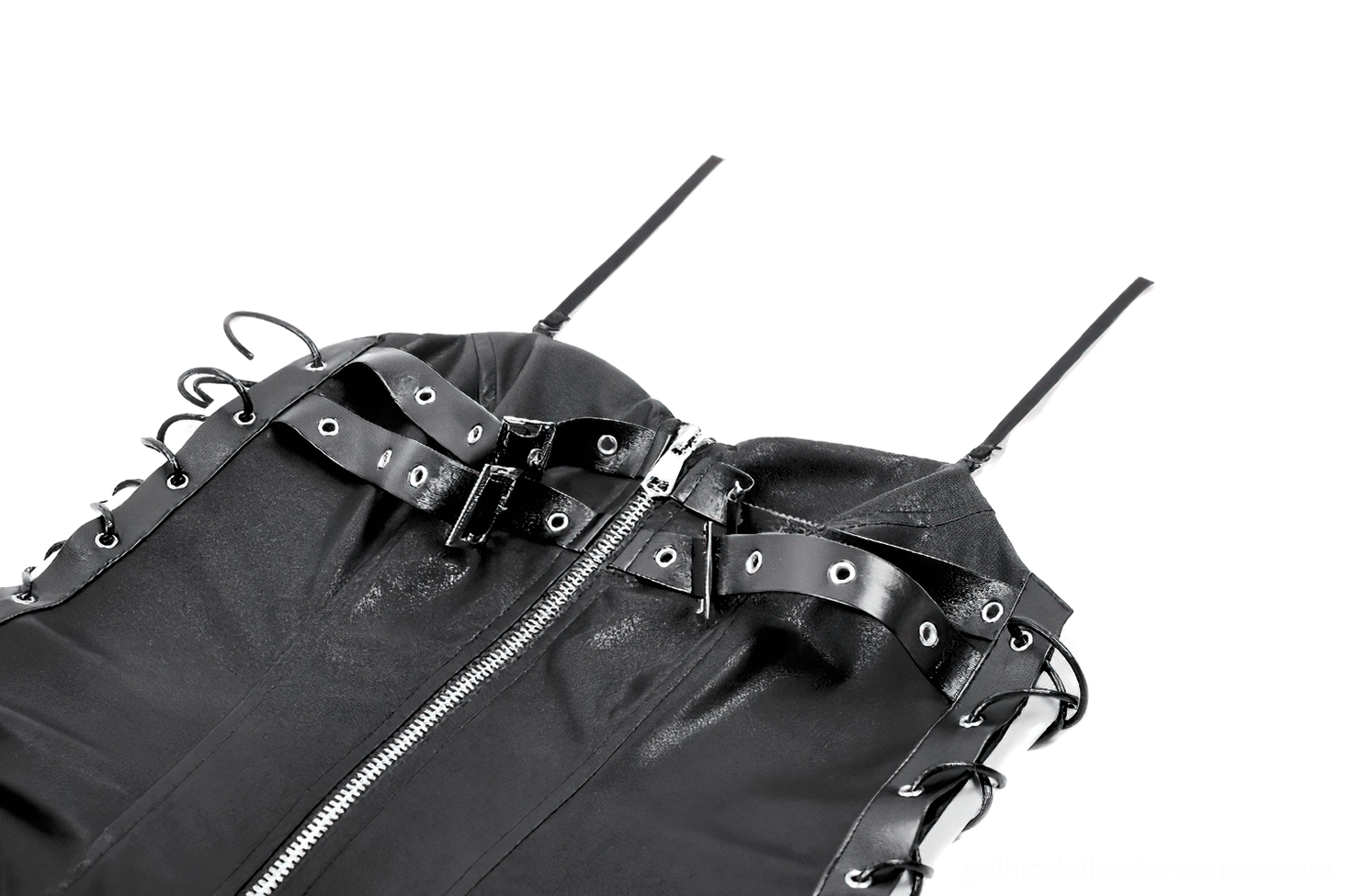 Close-up detail of faux leather corset bodice showing front zipper fastening and buckle straps
