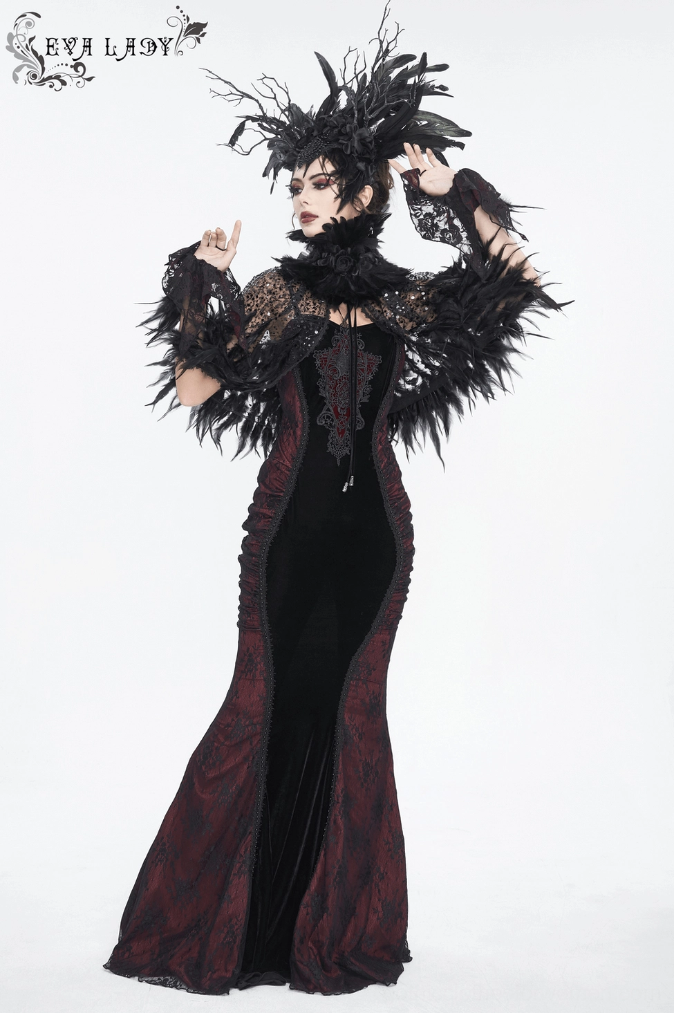 Black burgundy velvet gothic dress showing wine red floral lace applique placement and design