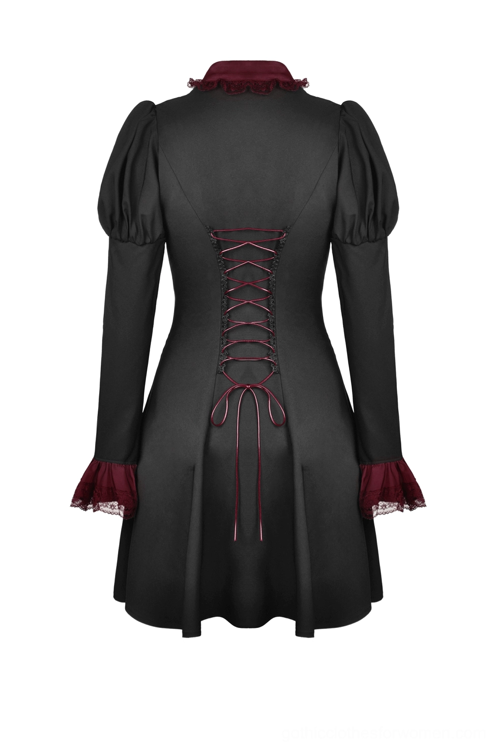Black gothic dress back flat lay view, showing burgundy lace-up corset-style closure