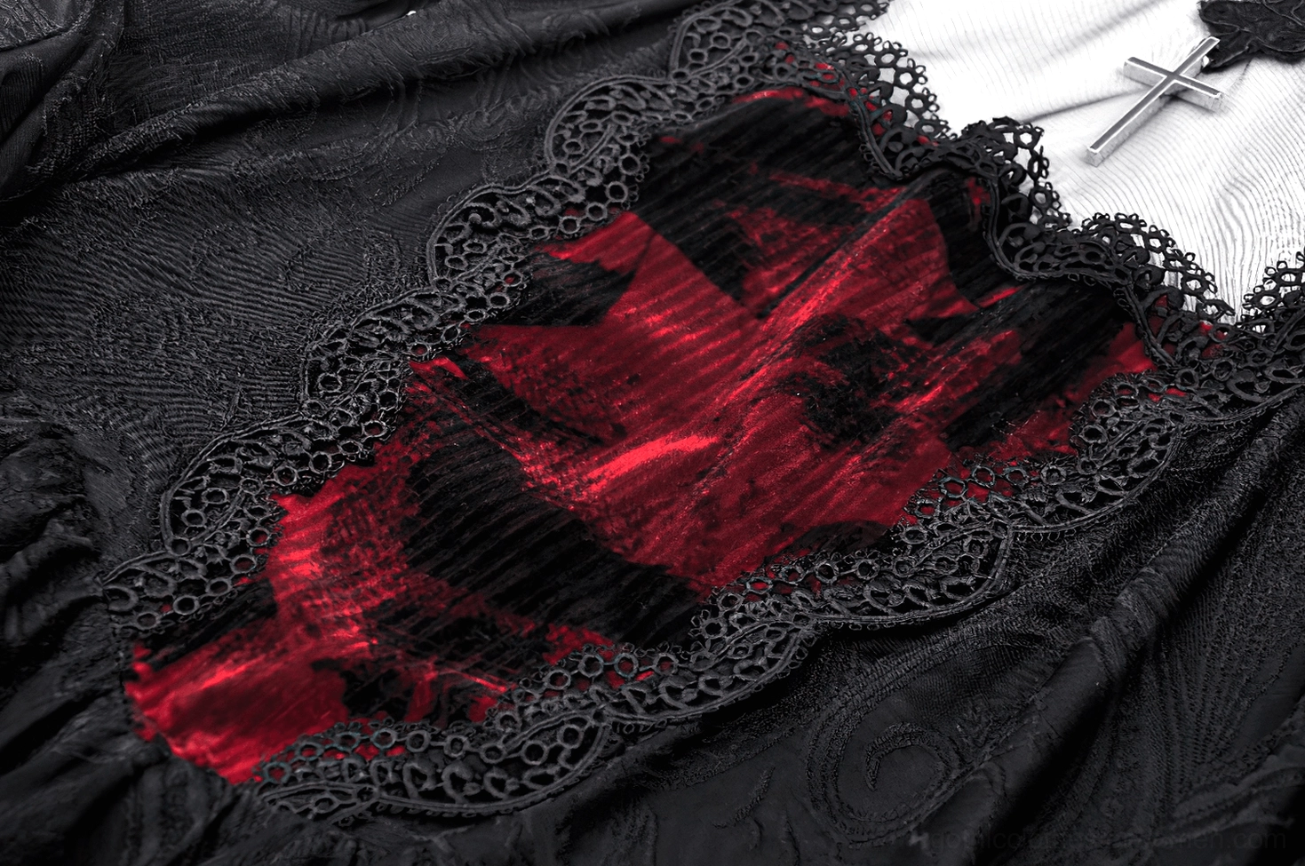 Gothic dress front panel detail - burgundy velvet with lace edging and cross accent