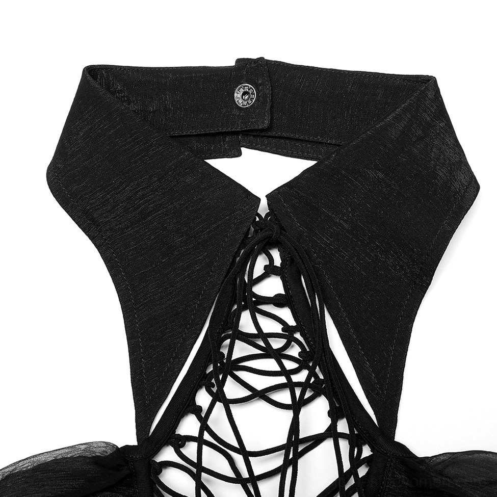 Close-up detail of Victorian gothic dress choker neckline with lace-up front and pointed collar design
