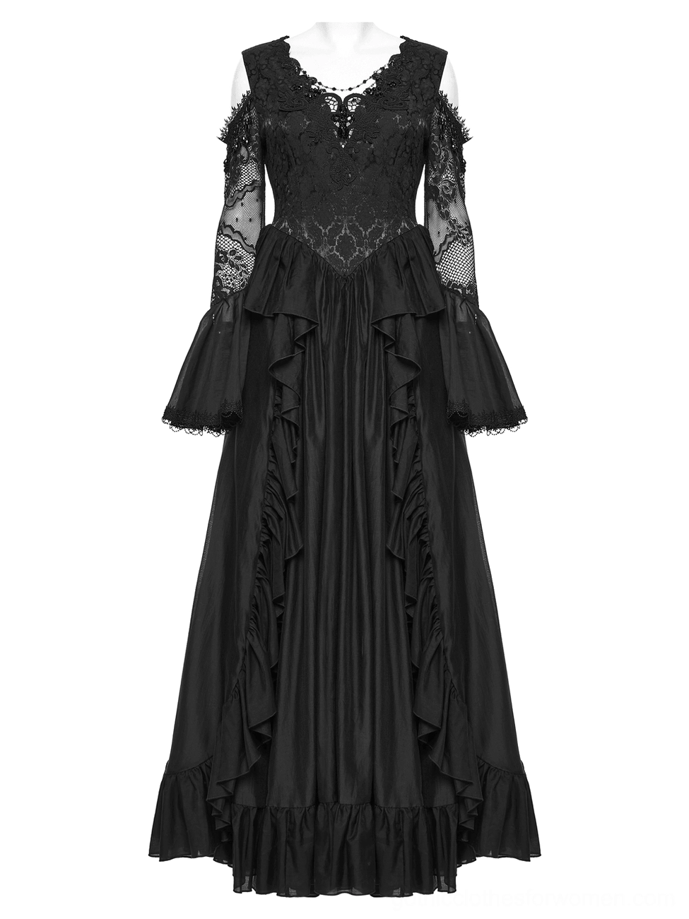 Black gothic lace maxi dress front mannequin view with cold shoulder sleeves, intricate floral lace details, crystal accents, and floor-length layered silhouette