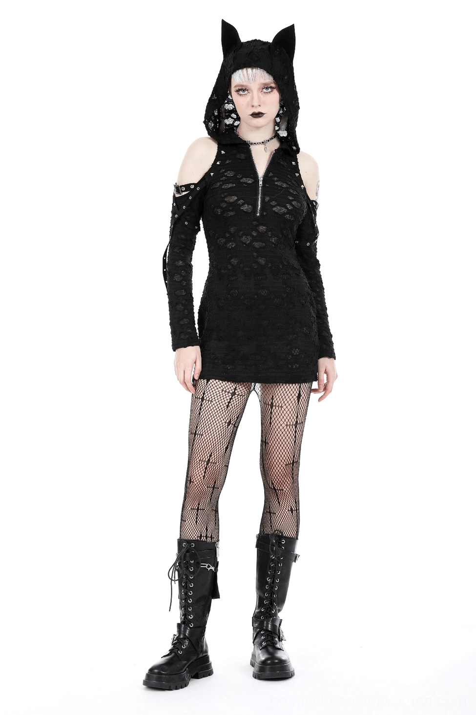 Black lace gothic alternative mini dress close-up detail of cold-shoulder sleeve cutout and lace texture