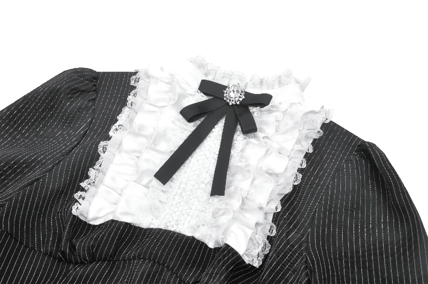 Close-up detail of black gothic dress lace ruffle collar with rhinestone-decorated bow and pinstripe fabric texture
