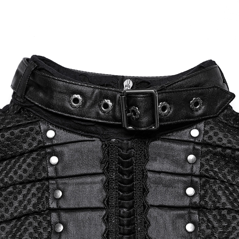 Close-up detail of gothic dress collar featuring faux leather buckle, metal eyelets, and studded panel embellishment against dark background