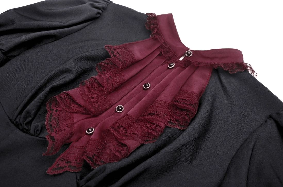 Close-up detail of burgundy lace ruffle collar placket with button fasteners on gothic mini dress