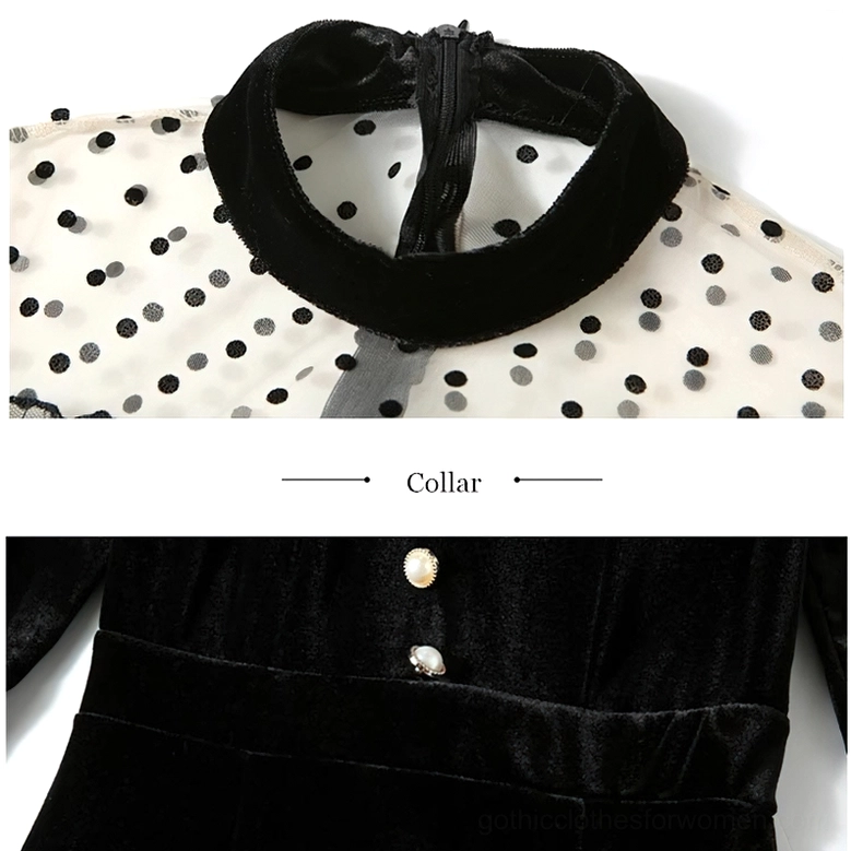 Close-up detail of black velvet gothic dress stand collar with beige polka-dot mesh yoke fabric and back zipper closure