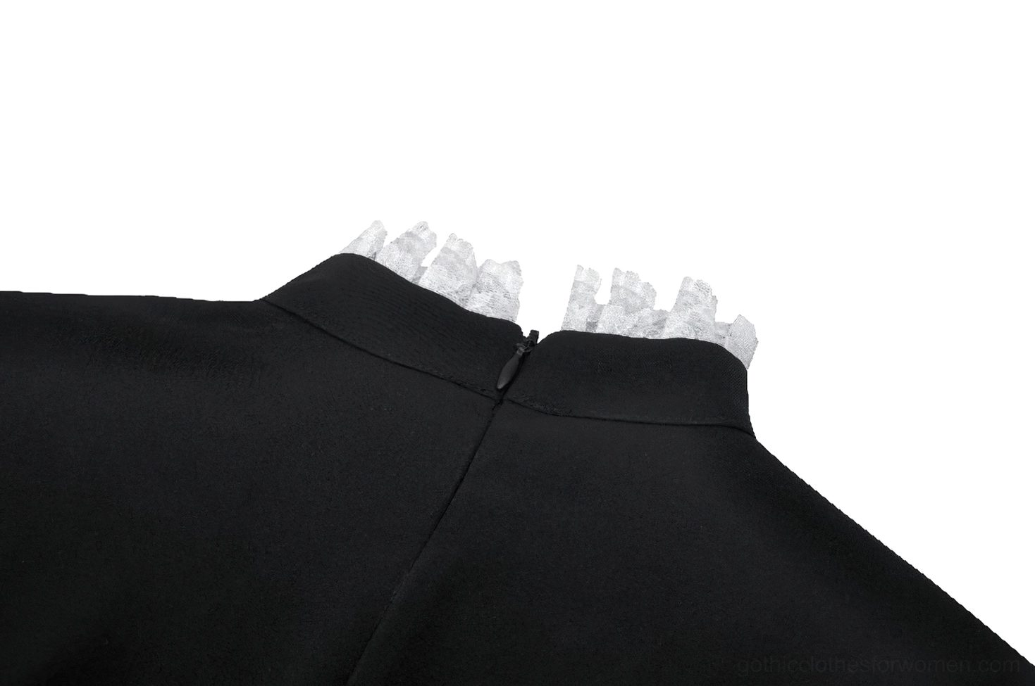 High stand collar close-up of Victorian gothic dress featuring lace trim and hidden button closure