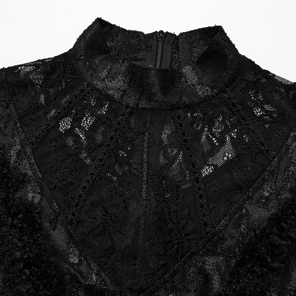Neckline close-up of gothic dress showing high stand collar, hidden zipper mechanism and delicate lace embroidery