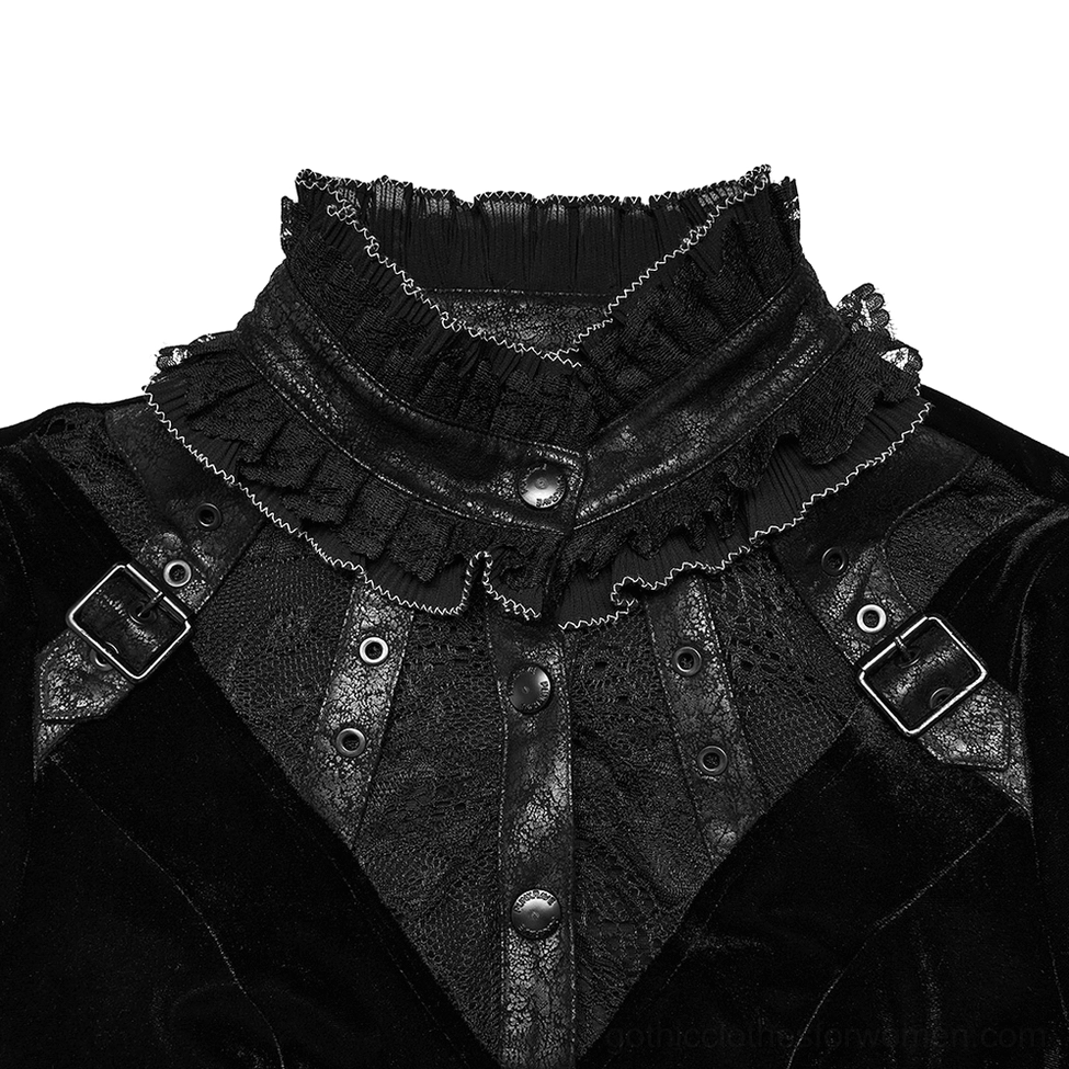 Close-up detail of black gothic dress ruffled stand collar with lace trim and buckle strap accents