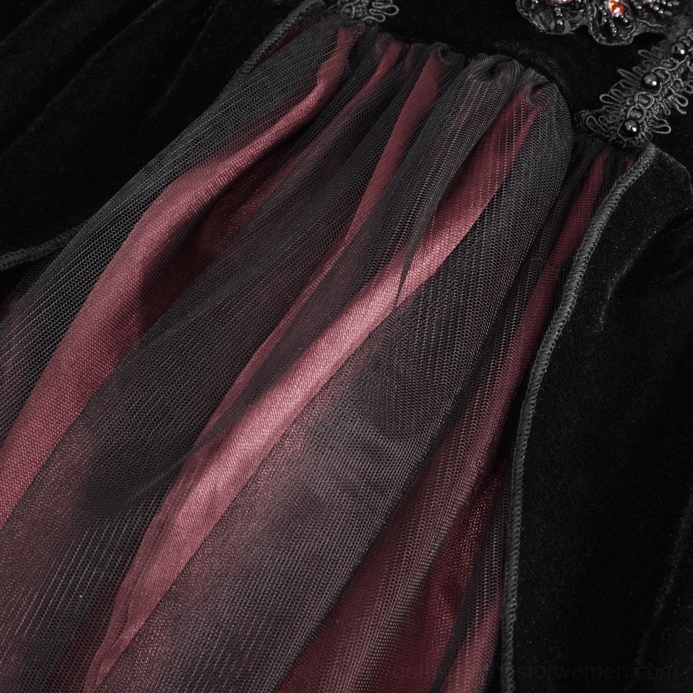 Off-shoulder gothic dress front view highlighting lace mesh panels and color blocking between black and wine red