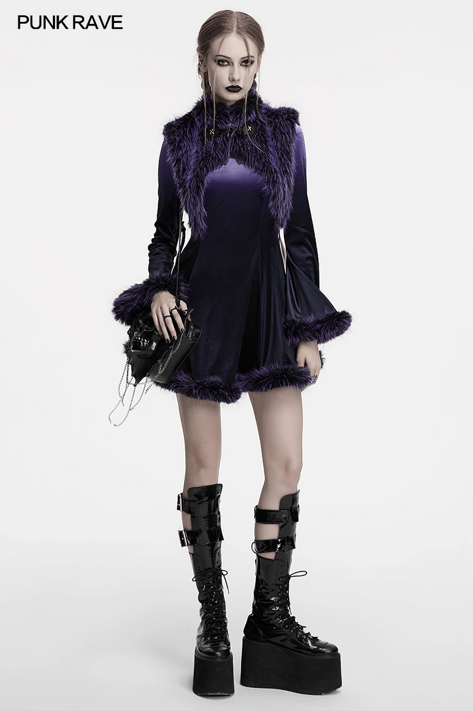 Complete punk-gothic outfit featuring purple gradient velvet dress styled with platform combat boots and gothic accessories, full styling demonstration