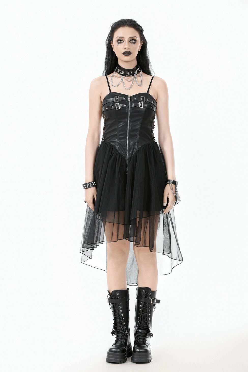Black corset mesh dress showing complete silhouette and proportions of bodice and layered skirt