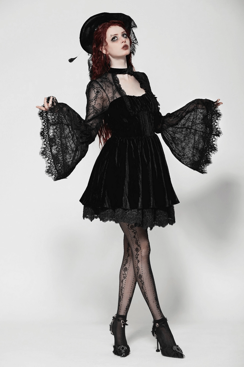 Gothic lace dress construction detail showing corset boning and precision lace placement