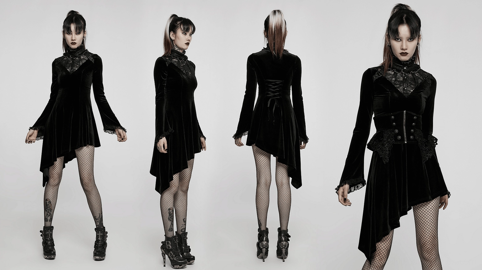 Detailed view of black gothic dress construction showing velvet and lace panel integration