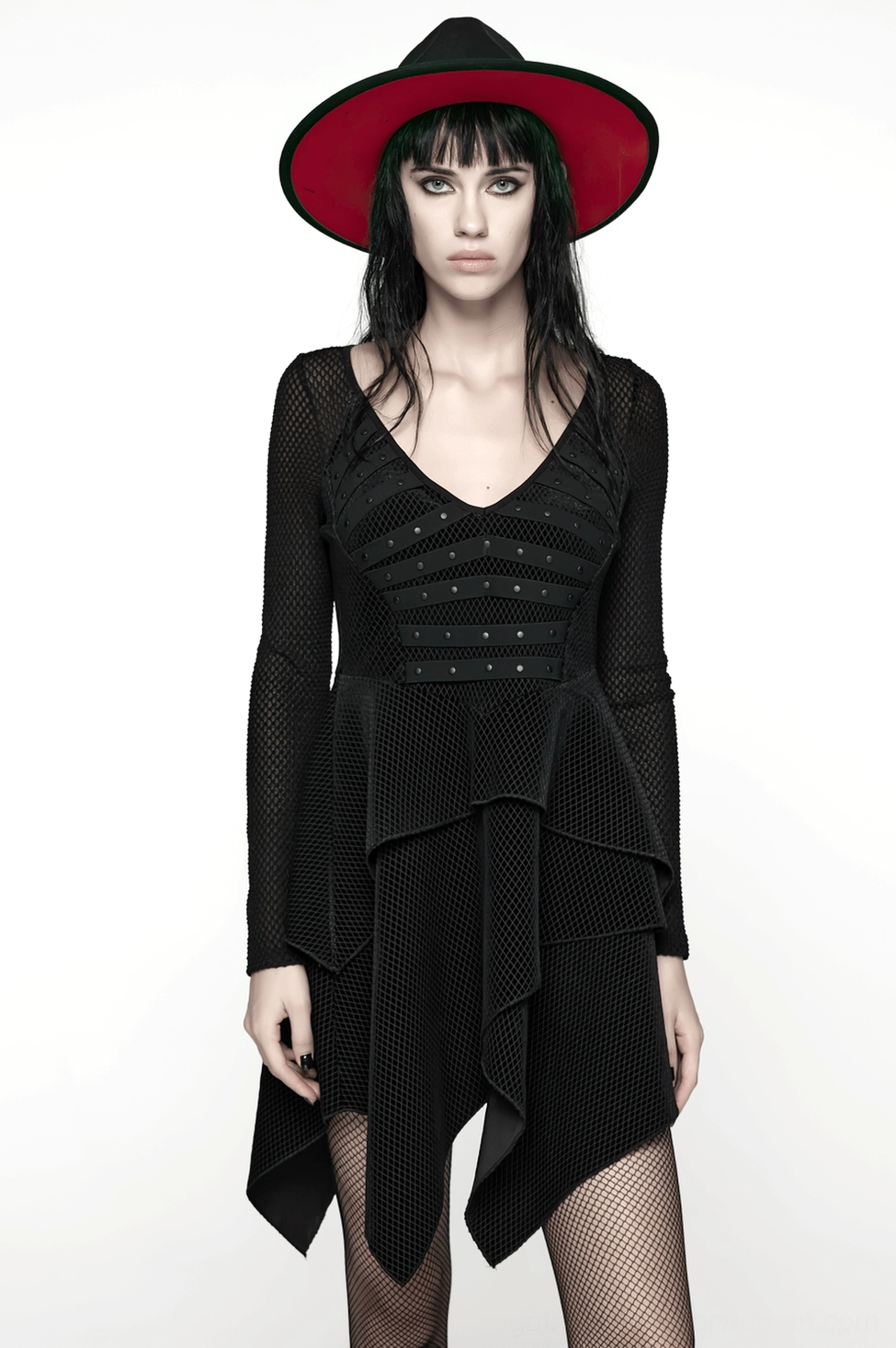 Gothic black mesh dress styled flat lay showing complete garment construction and hem layers