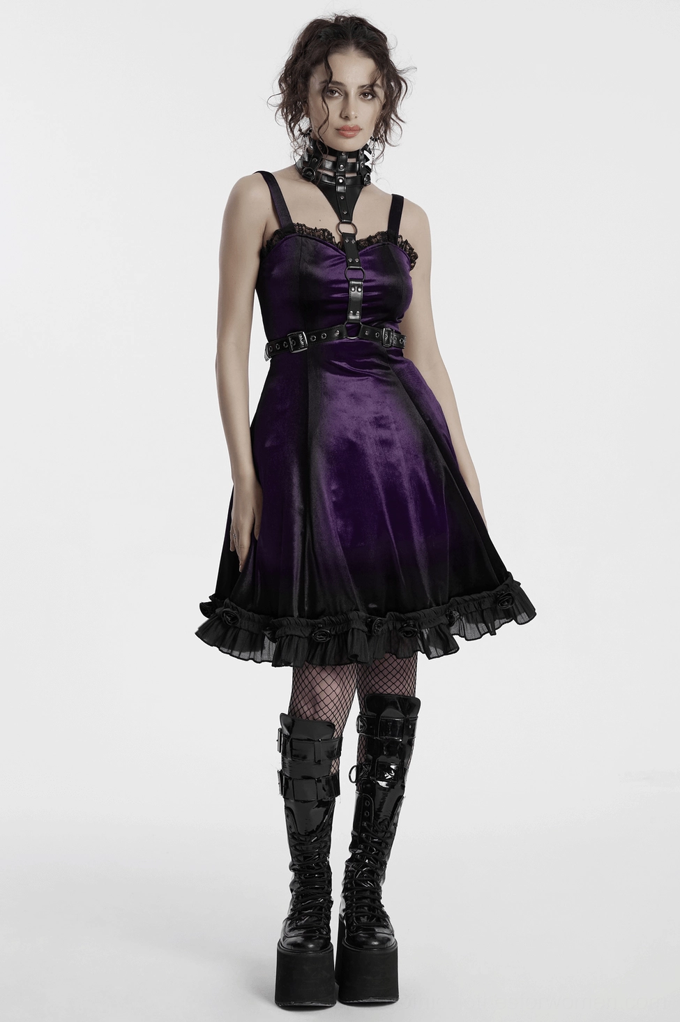Black lace-up corset back closure on purple velvet gothic dress - structural detail