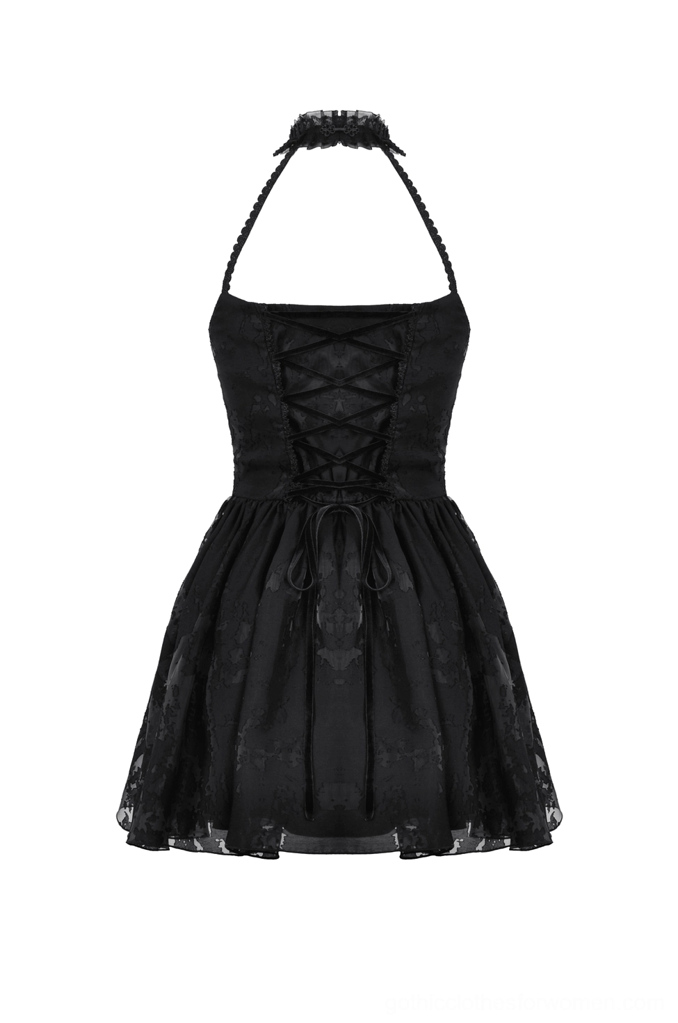 Black gothic halter dress with lace-up corset back and flowing ruffled tulle skirt - flat lay back view showcasing construction