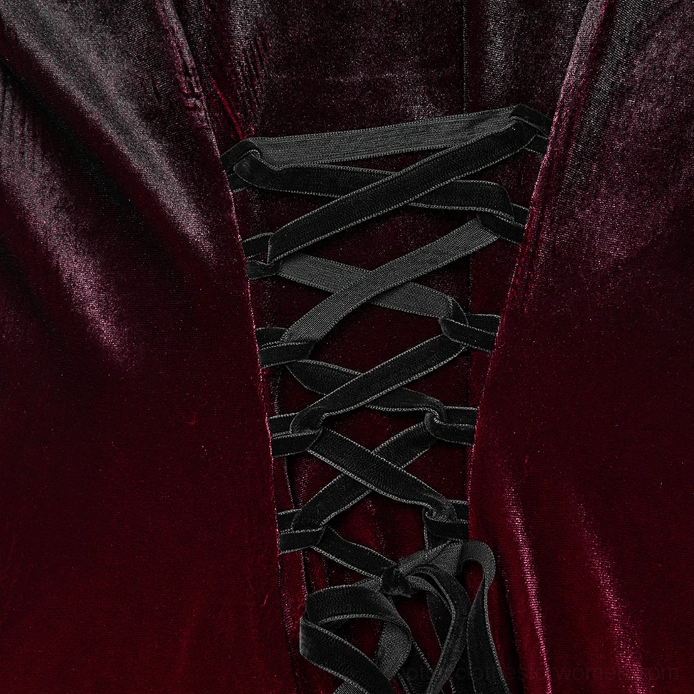 Burgundy gothic velvet dress corset back detail showing black ribbon lacing and gradient ombre velvet construction