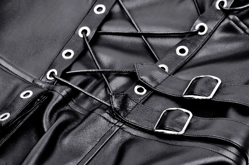 Close-up of black faux leather gothic dress corset bust with crisscross lacing and metal accents