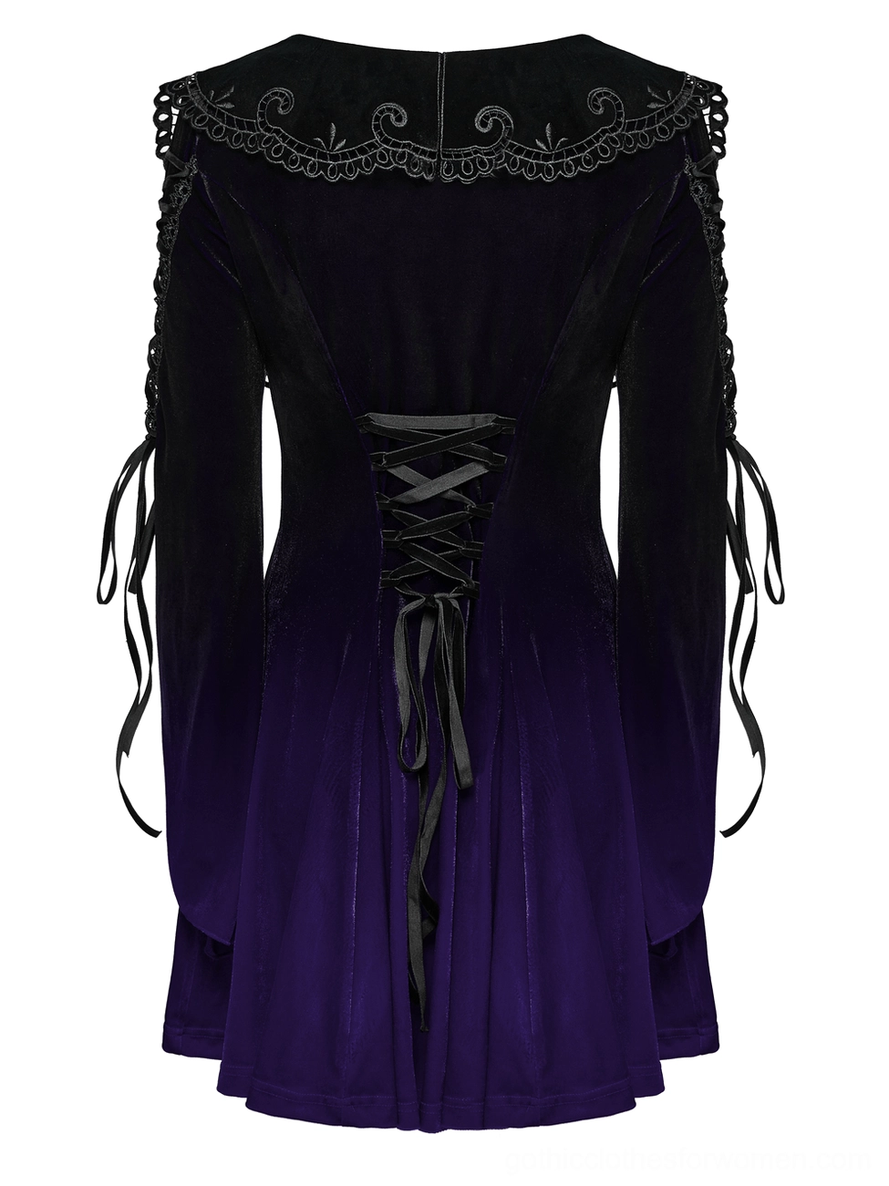 Close-up detail of purple velvet gothic dress corset lace-up back with crisscross black ribbons on flat lay