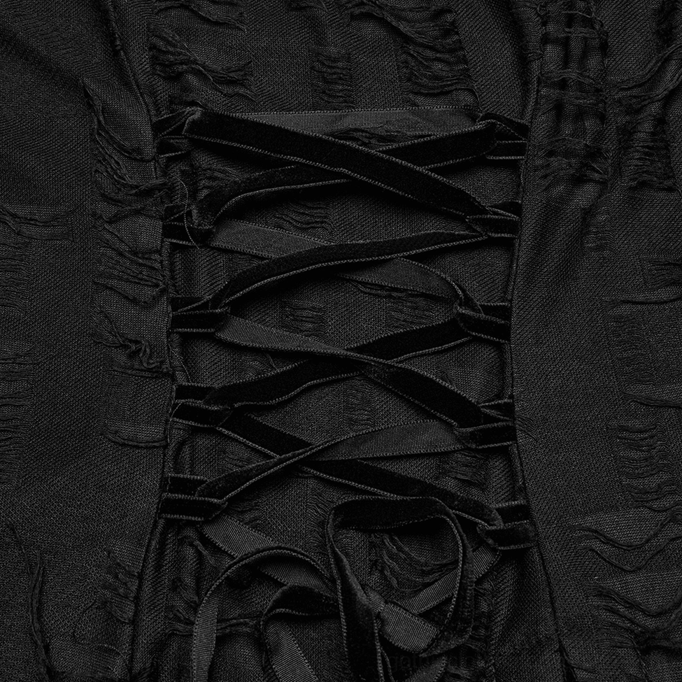 Detailed view of black gothic dress corset lace-up back with frayed distressed fabric edges