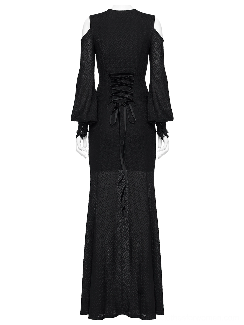 Black gothic cold shoulder lace corset maxi dress with lantern sleeves - back corset detail view