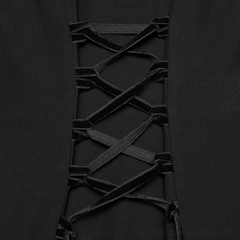 Close-up of velvet ribbon corset-style lace-up back detail on black gothic high-low dress