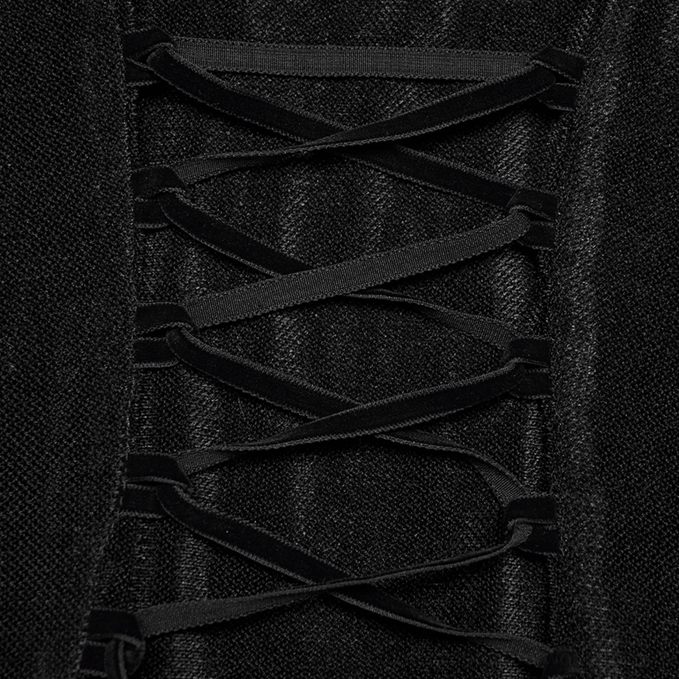 Close-up detail of black gothic dress velvet ribbon corset lace-up fastener showing textile texture