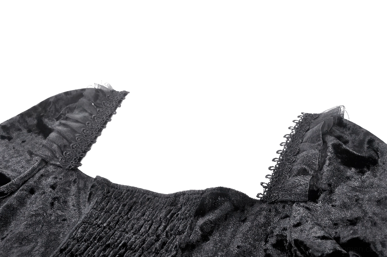 Close-up of black gothic dress corset front featuring floral ribbon lace-up and shiny crushed velvet material