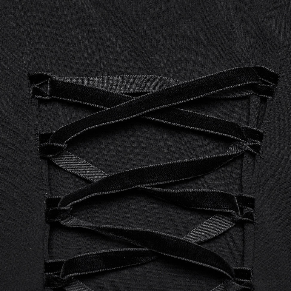 Detail close-up of velvet ribbon corset lace-up back design on black gothic maxi dress