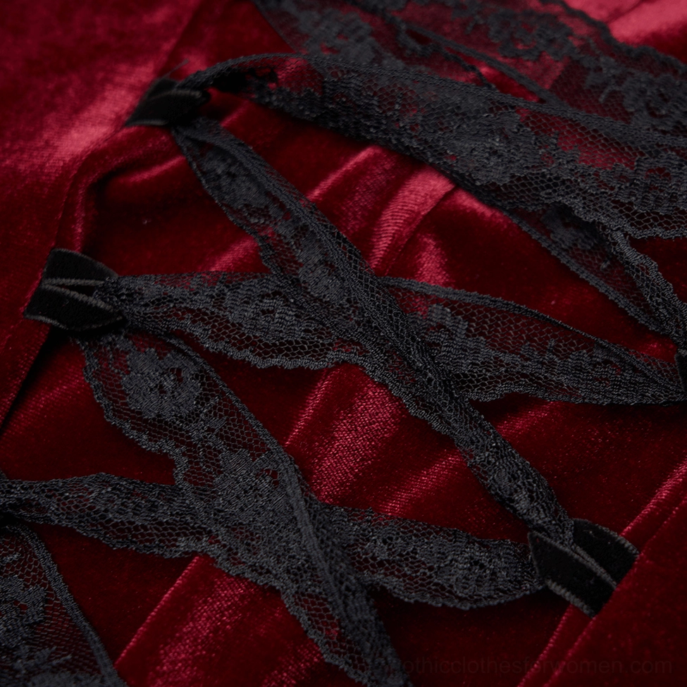Detailed view of black lace corset lace-up back straps showing adjustable corset design on burgundy velvet gothic dress