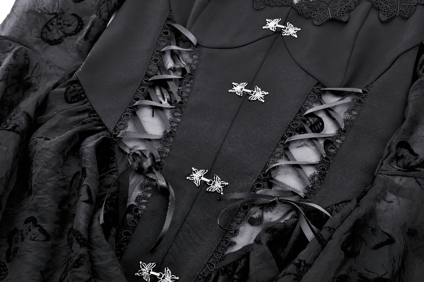 Detailed macro view of gothic dress corset lacing with ribbon ties and butterfly fasteners