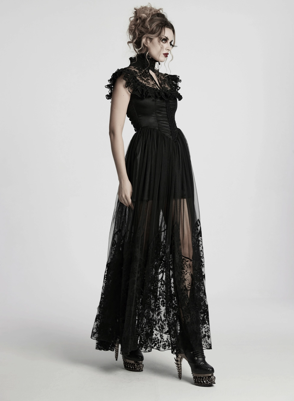Black gothic dress waist and skirt detail - corset-style waist with sheer floor-length lace skirt