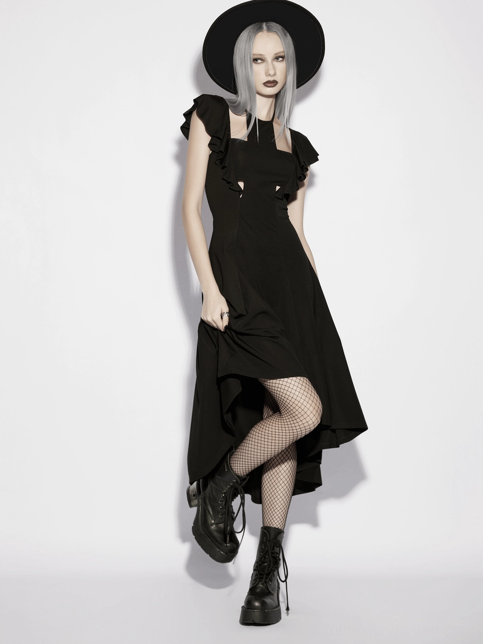 Gothic high-low dress cross hollow chest cutout detail - spiritual symbol front design